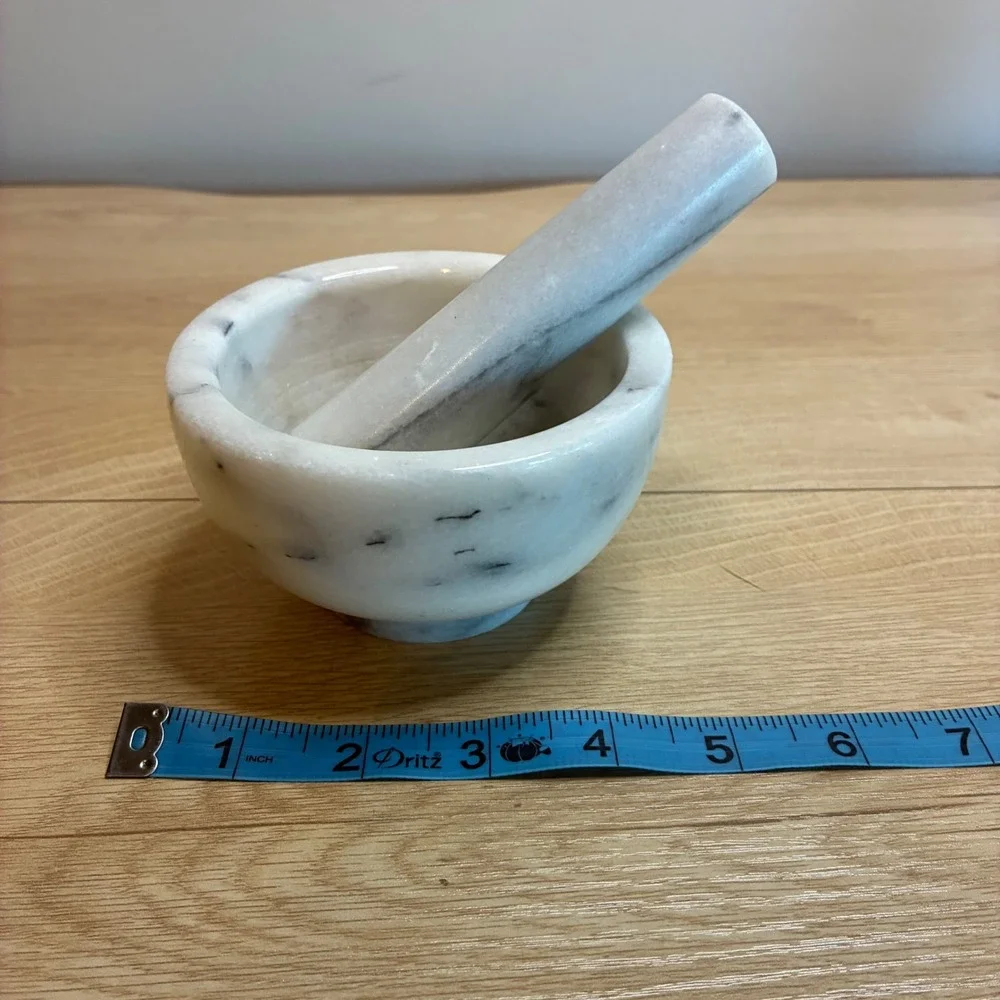 White Marble Mortar and Pestle Set Natural Stone Herb Spice Grinder Polished 4in